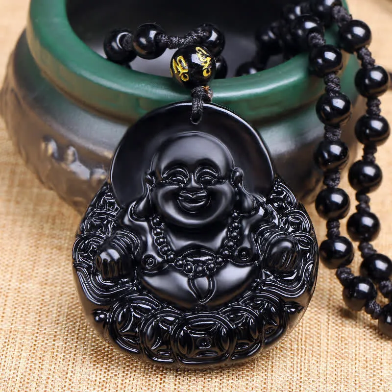 Laughing Buddha Black Obsidian Protection Pendant Necklace - Luck Muse Shop