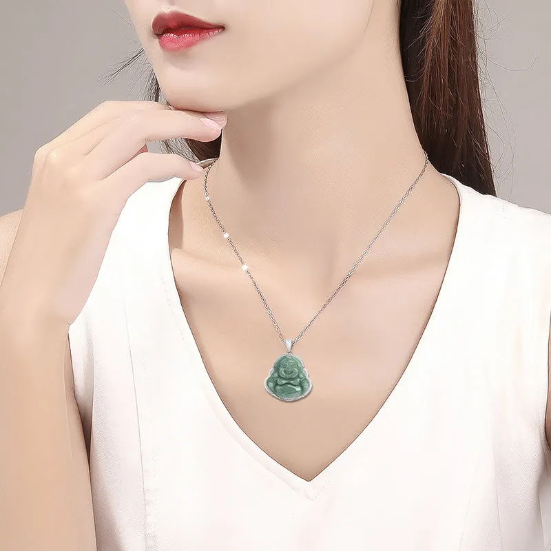 925 Sterling Silver Laughing Buddha Jade Abundance Necklace Pendant - Image 3