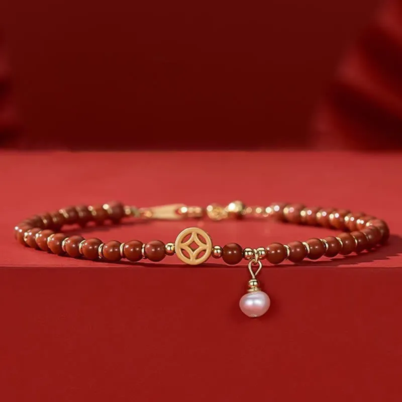 Luck Muse Red Agate Copper Coin Bracelet with 14K Gold Plating for Confidence - Image 4