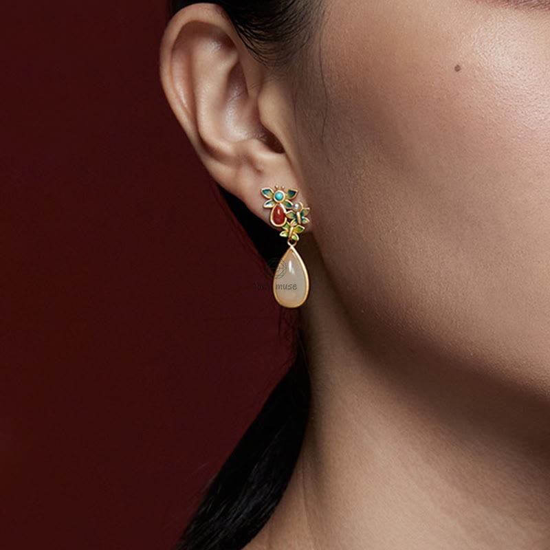White Jade Red Agate Butterfly Protection Drop Earrings with Luck Muse - Image 9