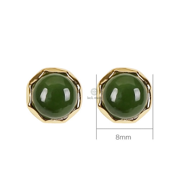 Luck Muse Gold-Plated Sterling Silver Hetian Cyan Jade Luck Stud Earrings - Image 8