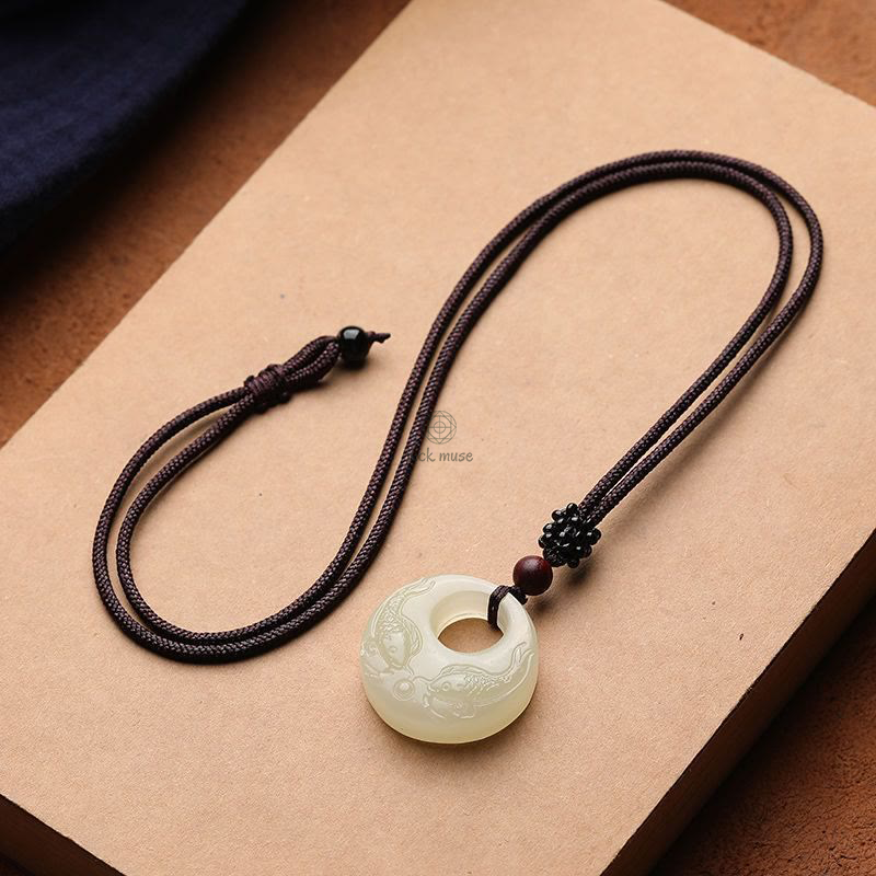 White Jade Double Koi Fish Carved Luck Muse Necklace for Prosperity and Success - Image 11