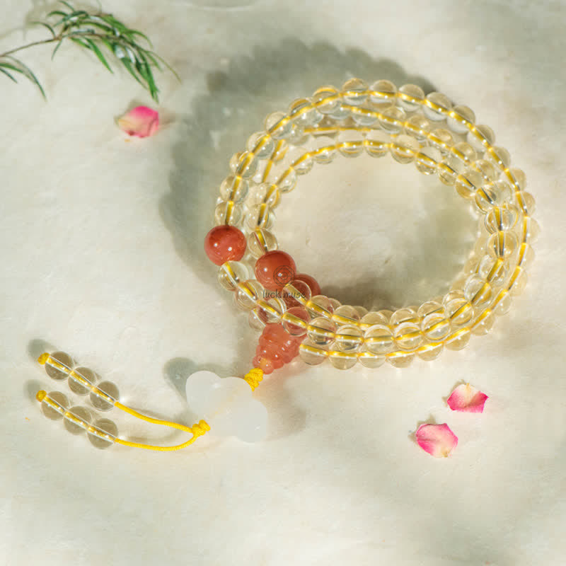 Luck Muse 108 Mala Beads Bracelet with 925 Sterling Silver, Natural Citrine, Red Agate, and White Jade Prosperity Charm - Image 8
