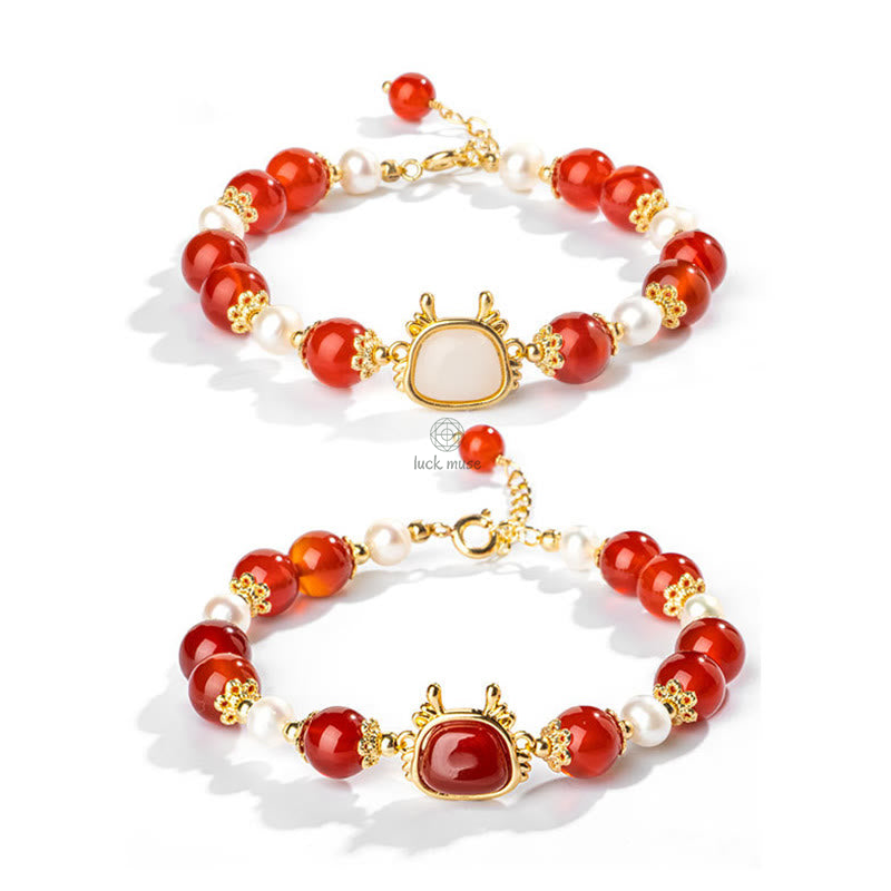 Luck Muse Year of the Dragon 14K Gold-Plated Red Agate Pearl Fu Character Chain Bracelet - Image 2
