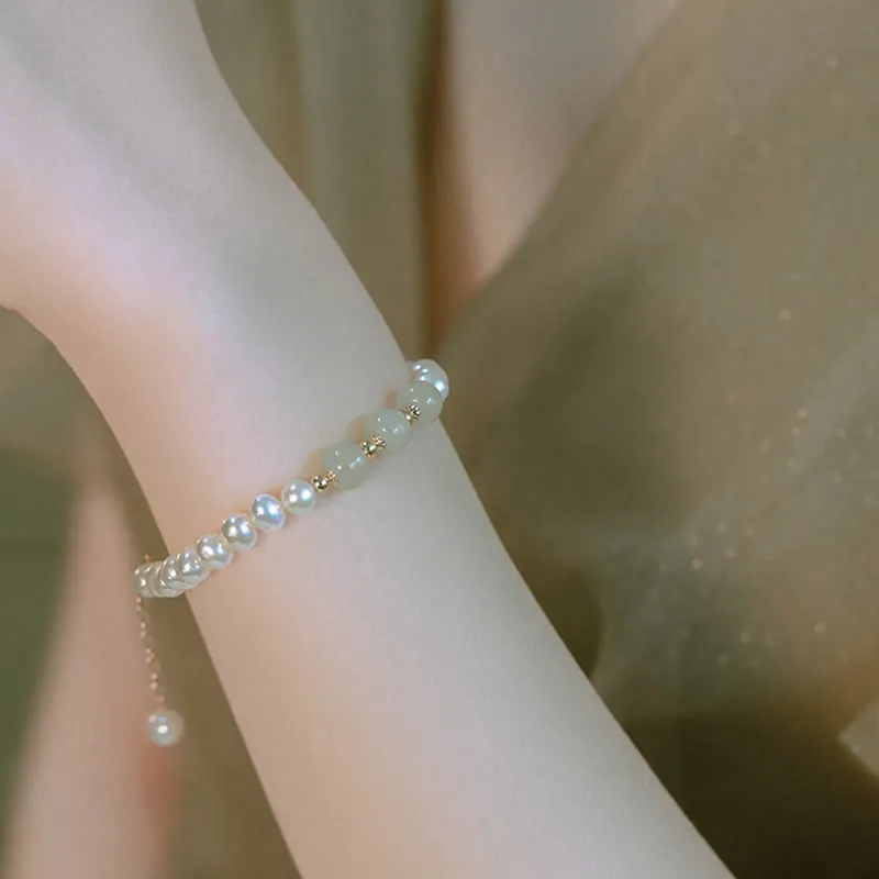 Luck Muse 14K Gold Plated Sincerity Bead Chain Bracelet with Natural Pearl, Hetian Cyan Jade, and White Jade - Image 13