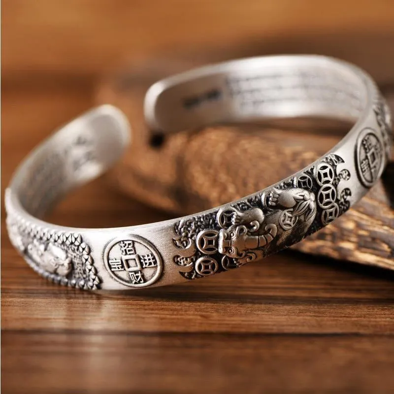 Tibetan PiXiu White Copper Wealth Bracelet with Heart Sutra Coin - Adjustable Bangle - Image 3