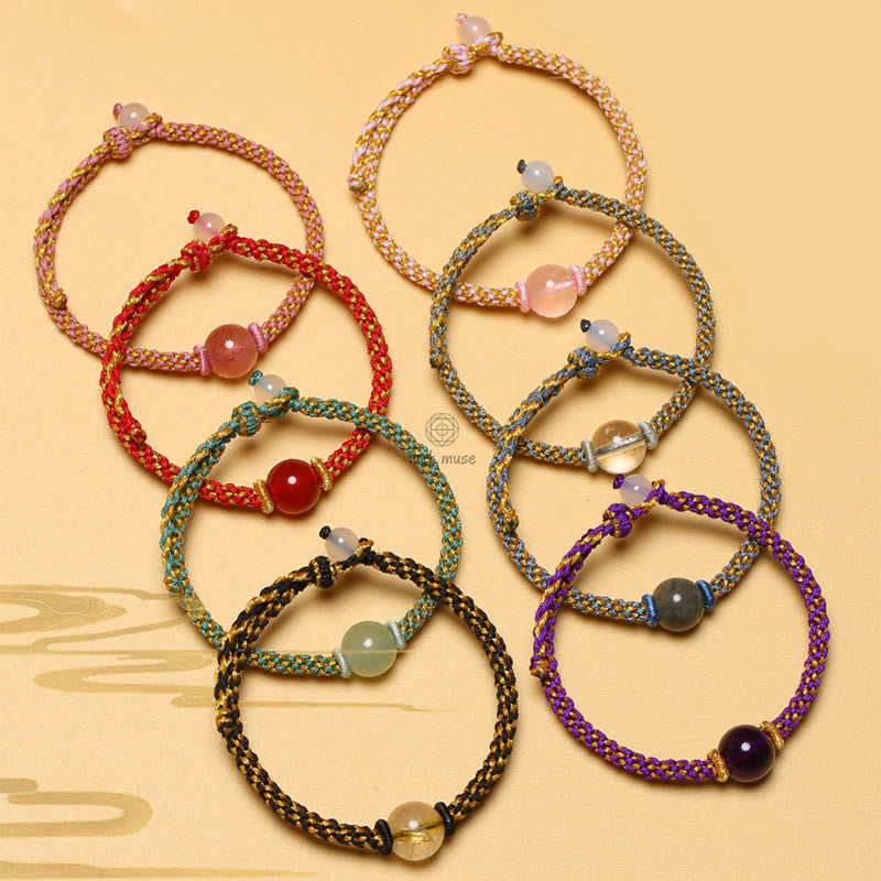 Handmade Natural Stone Bracelet with Red Agate, Amethyst, Rutilated Quartz, Pink Crystal Beads