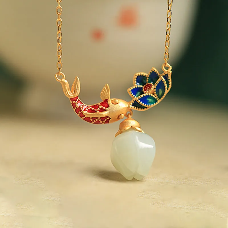 Luck Muse Shop 925 Sterling Silver White Jade Koi Fish Lotus Protection Necklace Pendant - Image 2