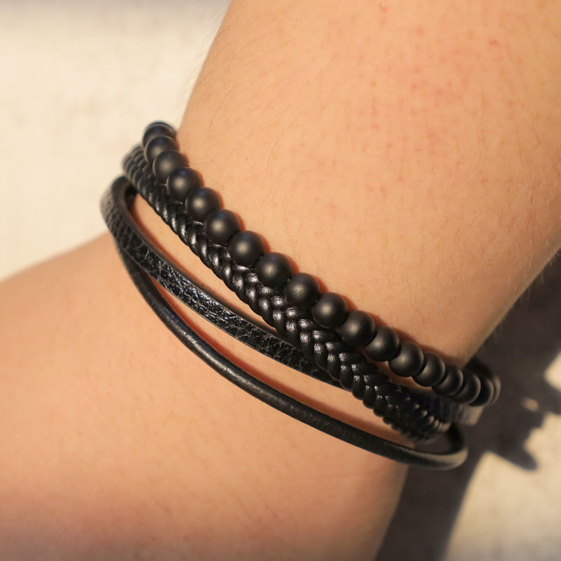 Natural Lava Rock Frosted Stone Bead Leather Bracelet with Black Onyx Accents - Image 13