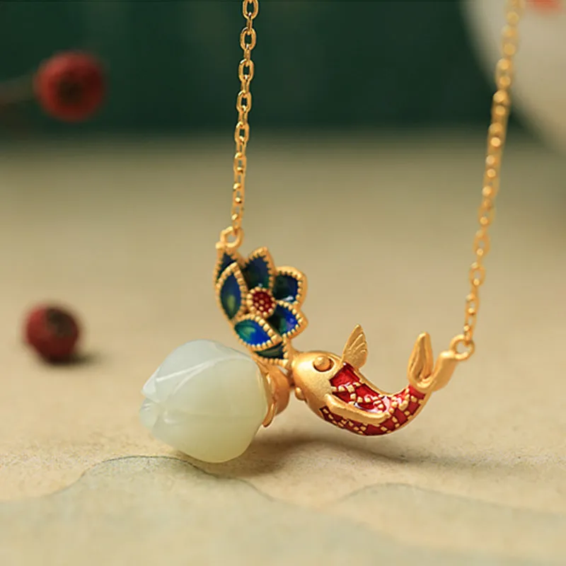 Luck Muse Shop 925 Sterling Silver White Jade Koi Fish Lotus Protection Necklace Pendant - Image 3