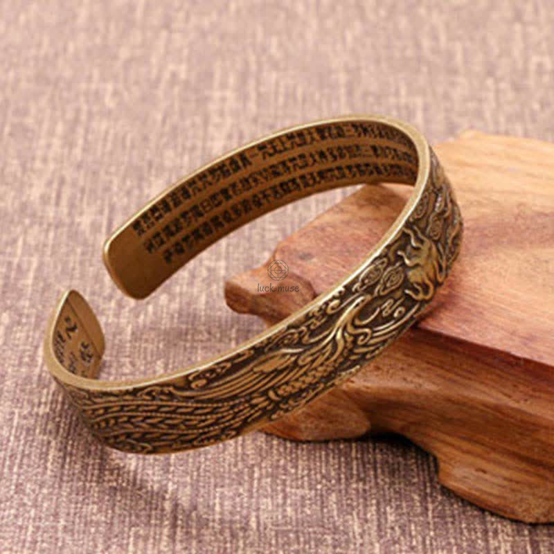 Luck Muse Om Mani Padme Hum Dragon Phoenix Copper Leather Peace Cuff Bracelet Set - Image 5
