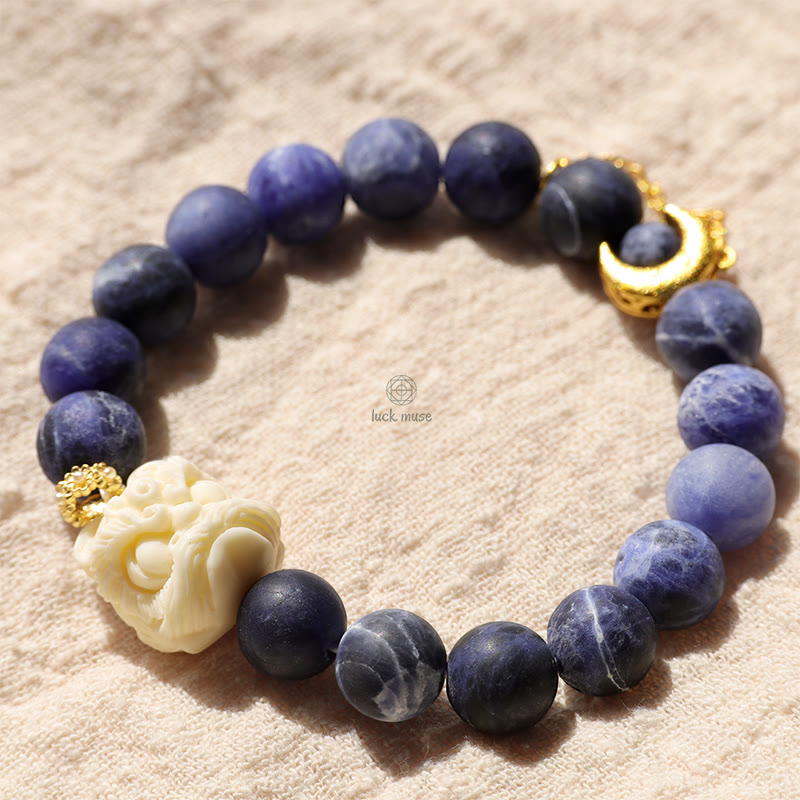 Luck Muse Sodalite Ivory Fruit Bracelet with Dancing Lion, Crescent Moon, and Harmony Design - Image 6
