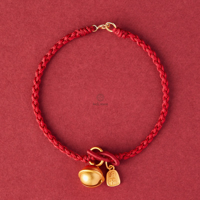 Handmade Lucky Charm Bracelet with Fu Character, Luck Muse, and Red Rope Bell