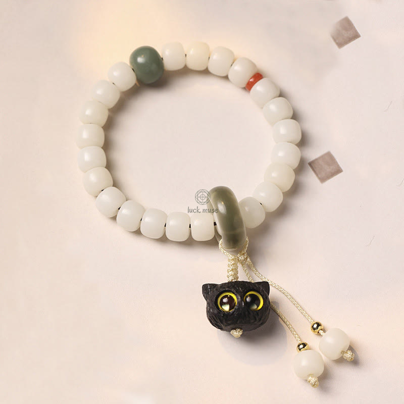 Natural Bodhi Seed and African Blackwood Lovely Cat Charm Bracelet for Peace and Harmony