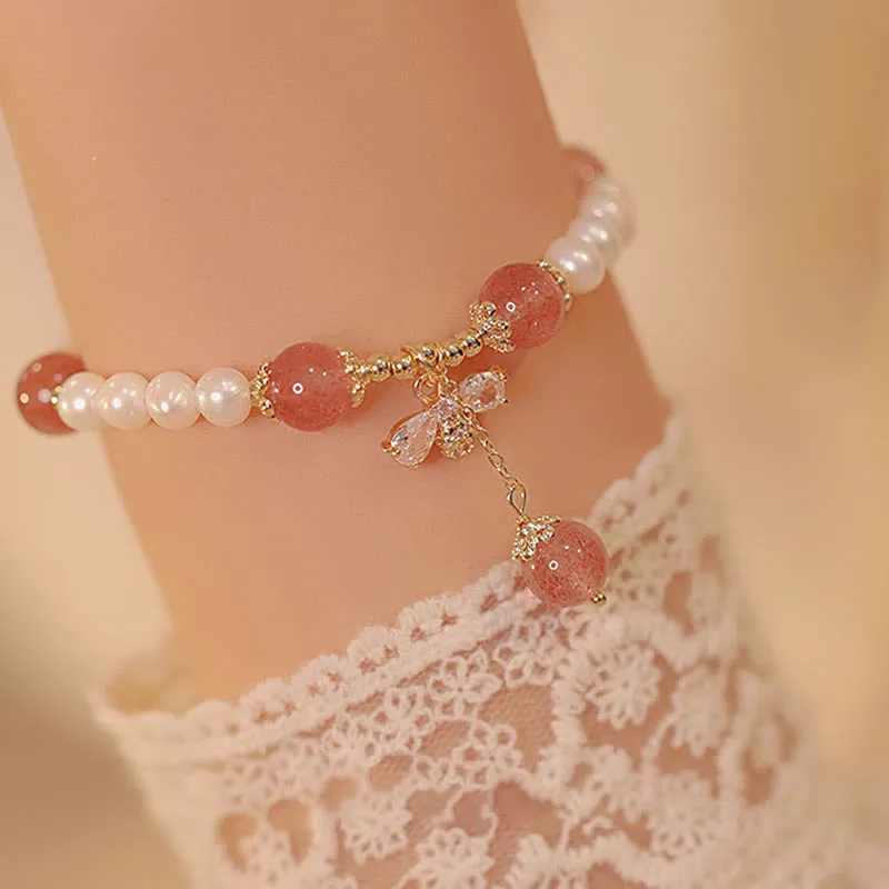 Natural Strawberry Quartz and Pearl Healing Bracelet with Honey Bee Charm - Image 2