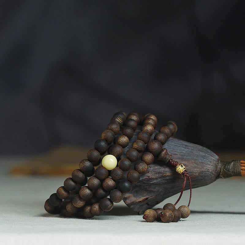 Luck Muse 999 Gold Tarakan 108 Mala Beads Bracelet with Agarwood & Amber for Evil Spirits Protection