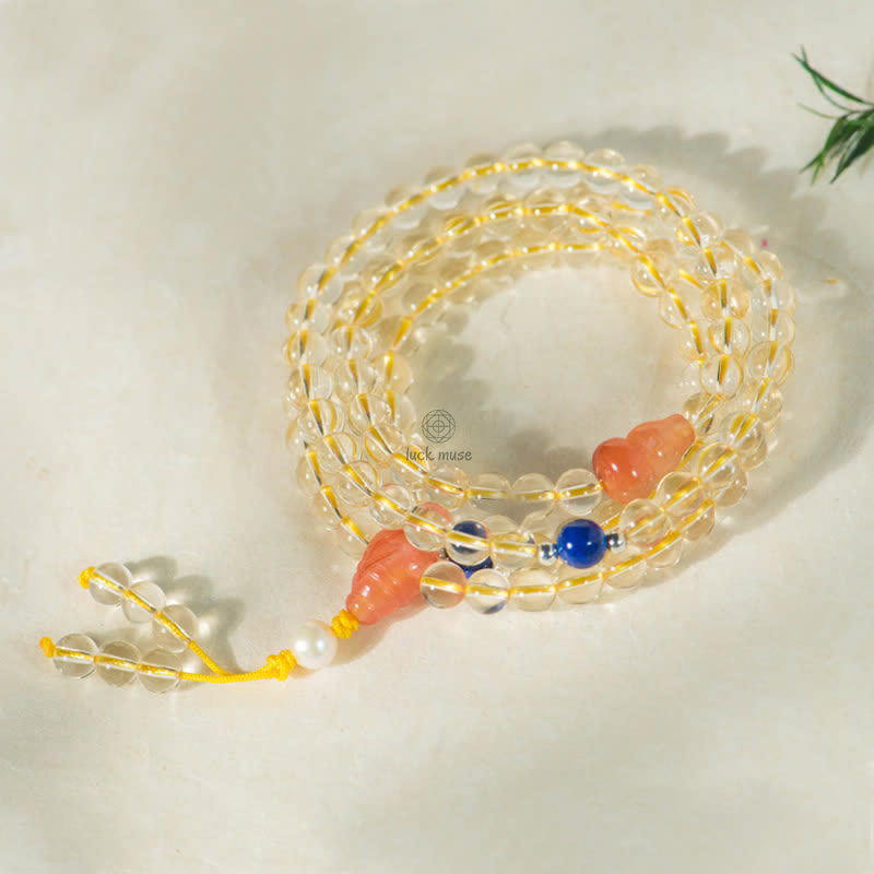 Luck Muse 108 Mala Beads Bracelet with 925 Sterling Silver, Natural Citrine, Red Agate, and White Jade Prosperity Charm - Image 14