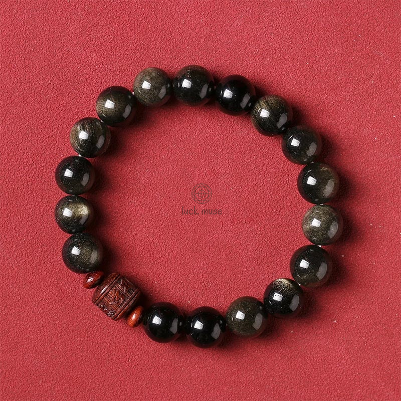 Natural Gold Sheen Obsidian Rainbow Obsidian Om Mani Padme Hum Healing Bracelet - Image 3