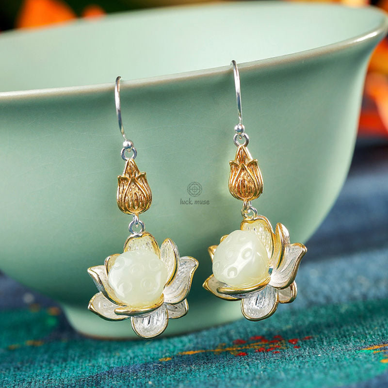 Luck Muse Shop 925 Sterling Silver White Jade Protection Harmony Drop Earrings - Image 6