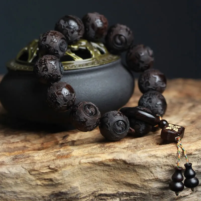 Yin Yang Engraved Ebony Wood Gourd Bracelet with Chinese Characters - Image 2