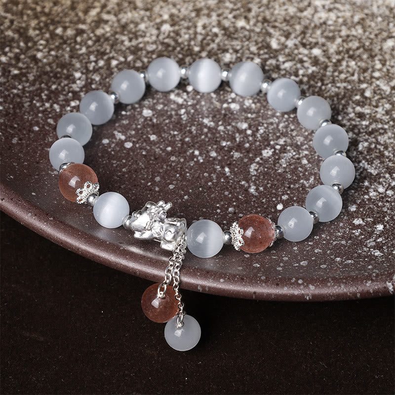 Luck Muse Cat's Eye Moonstone Strawberry Quartz PiXiu Bracelet - Image 9