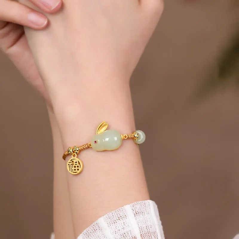Hetian Jade Happiness Blessing Wealth Bracelet with Rabbit Year Charm - Image 3