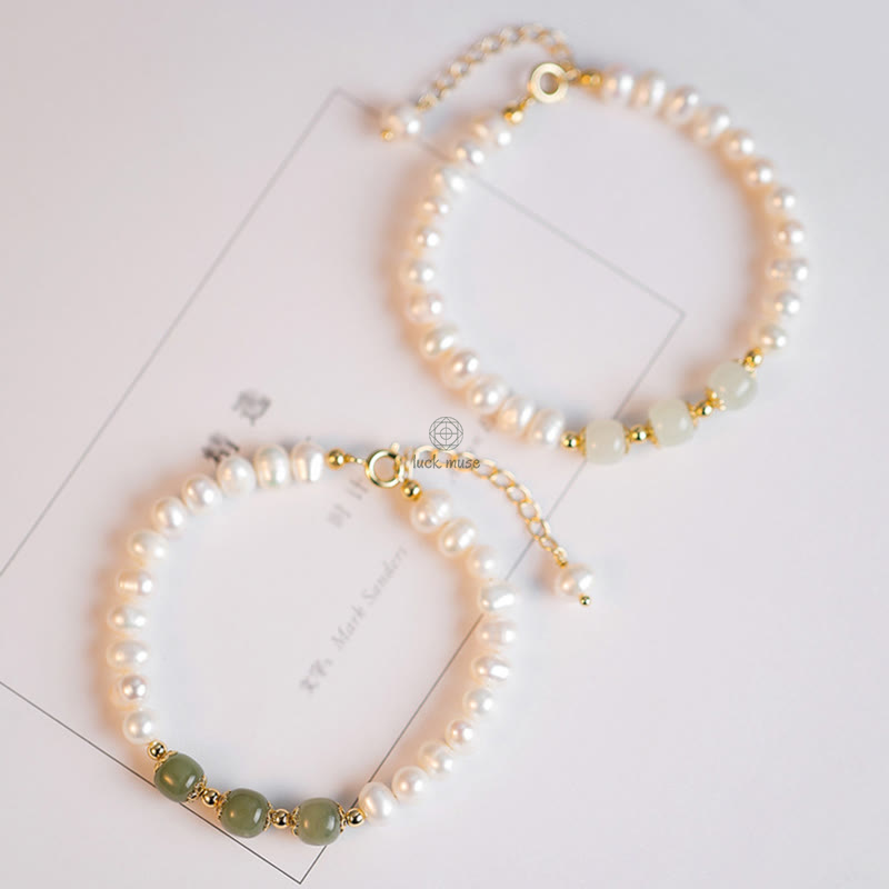 Luck Muse 14K Gold Plated Sincerity Bead Chain Bracelet with Natural Pearl, Hetian Cyan Jade, and White Jade - Image 10