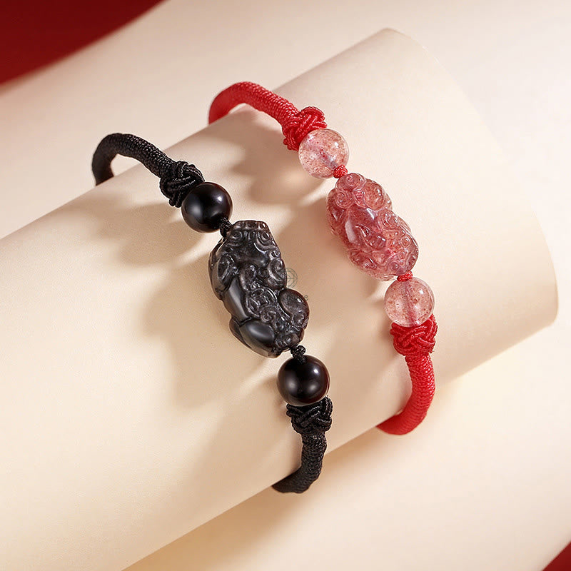Handmade Silver Sheen Obsidian & Strawberry Quartz PiXiu Protection Bracelet - Image 2
