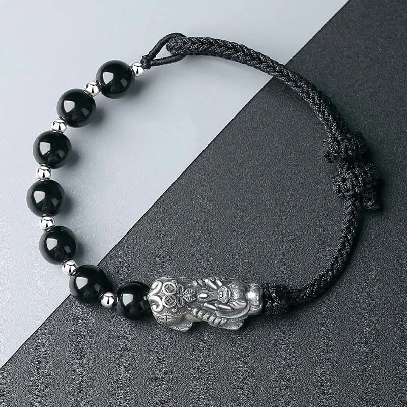 Luck Muse 999 Sterling Silver Feng Shui Pixiu Natural Black Obsidian Bracelet - Image 9