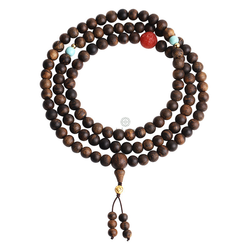 Luck Muse 108 Mala Beads Peace Meditation Bracelet with Agarwood, Red Agate, and Turquoise - Image 12