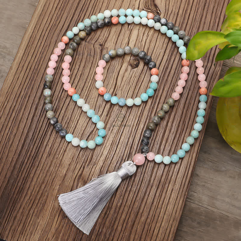 Amazonite and Black Glitter Stone 108 Mala Beads Bracelet with Positive Tassel Design - Image 2