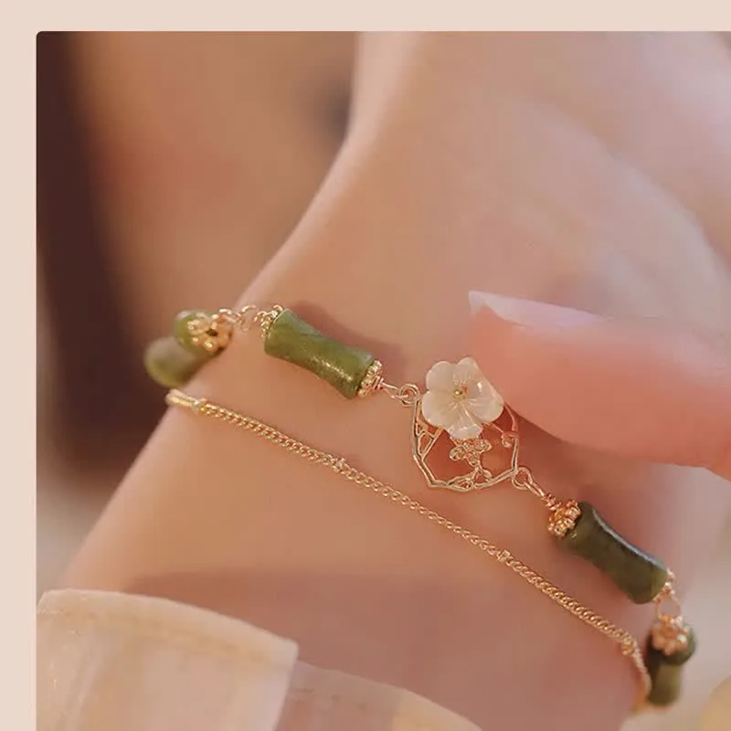 Luck Muse Double Layer Peridot Bamboo Flower Bracelet - 14k Gold Plated Copper, Symbolizing Wealth - Image 4