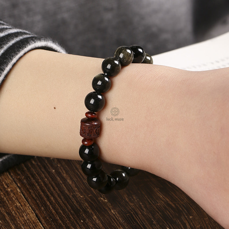 Natural Gold Sheen Obsidian Rainbow Obsidian Om Mani Padme Hum Healing Bracelet - Image 9
