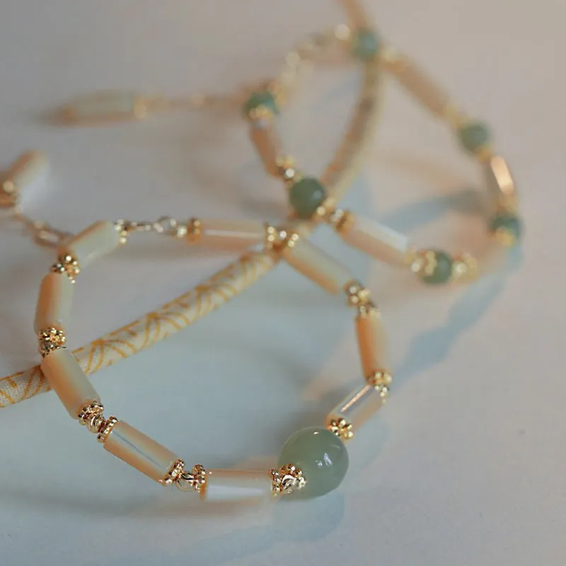 14K Gold Plated Tridacna Stone and Hetian Jade Bead Bracelet with Bamboo Pattern - Image 7