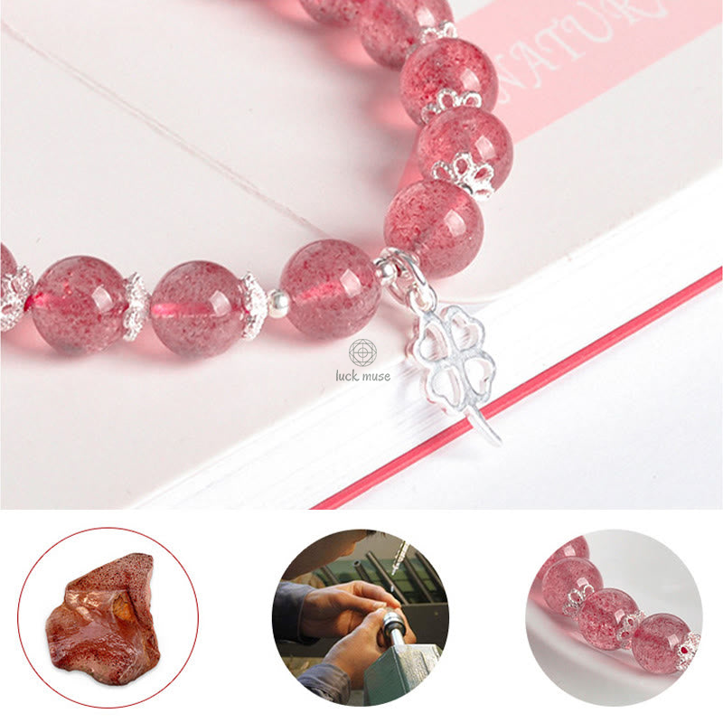 Luck Muse 925 Silver Strawberry Quartz Four Leaf Clover Love Bracelet - Image 8