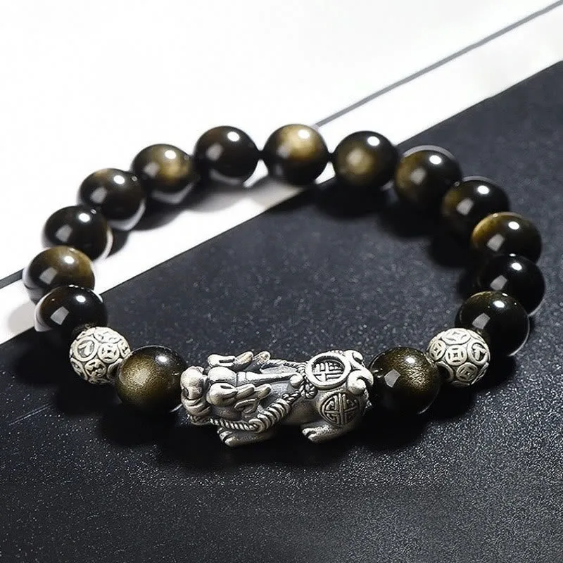 Luck Muse 925 Sterling Silver Gold Sheen Obsidian PiXiu Protection Bracelet - Image 2