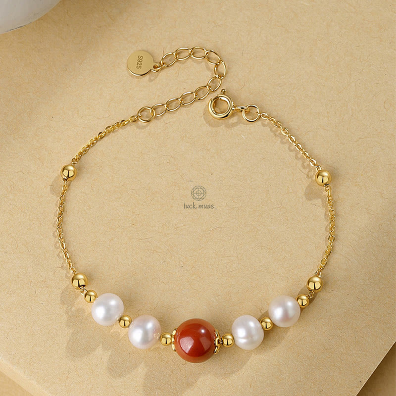 Luck Muse 925 Sterling Silver Pearl Cinnabar Healing Beaded Chain Bracelet - Image 6