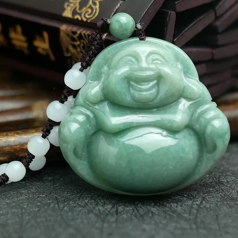 Laughing Buddha Cyan Jade Harmony Necklace with Beaded Pendant - Image 2