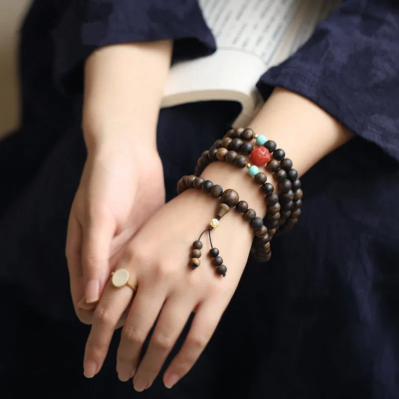 Luck Muse 108 Mala Beads Peace Meditation Bracelet with Agarwood, Red Agate, and Turquoise - Image 5