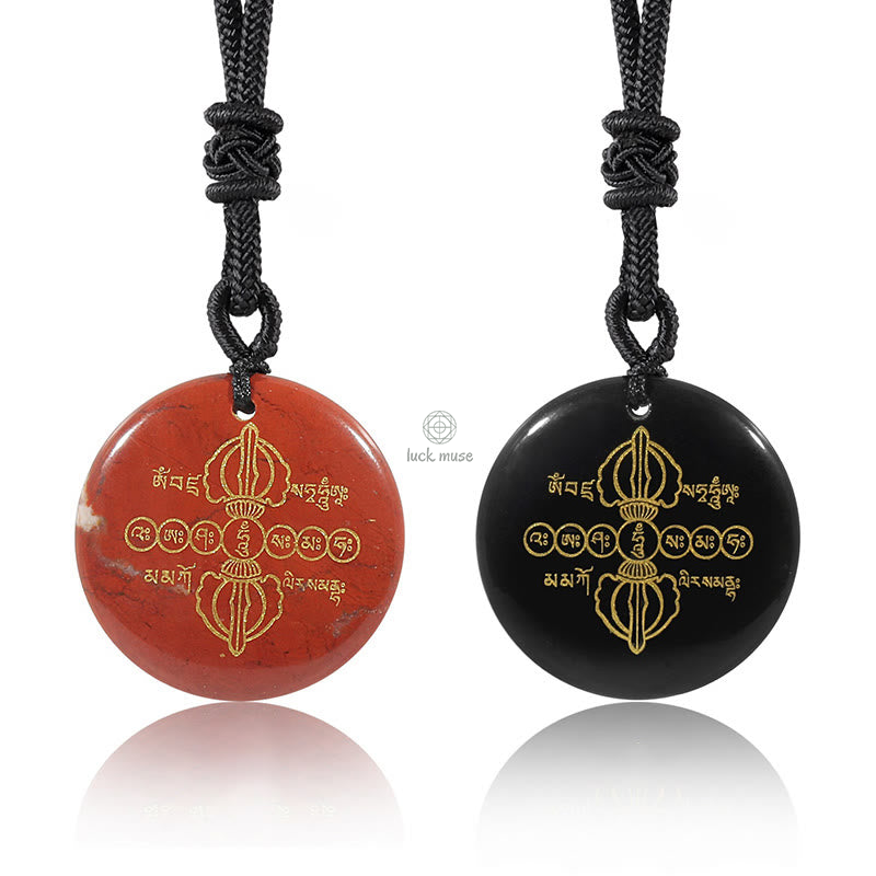 Luck Muse Vajra Dorje Sanskrit Crystal Black Obsidian Necklace Pendant