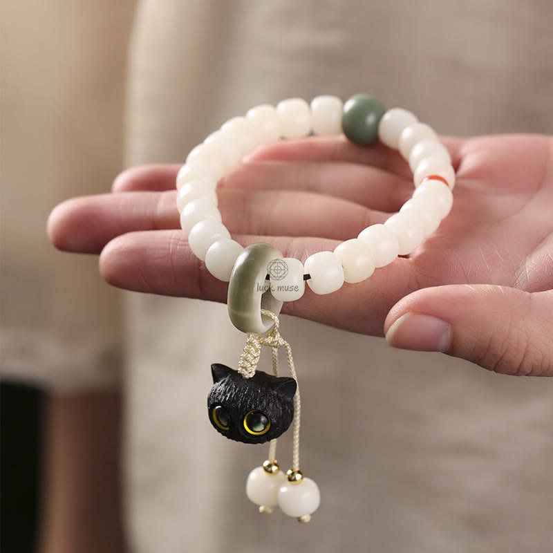 Natural Bodhi Seed and African Blackwood Lovely Cat Charm Bracelet for Peace and Harmony - Image 4