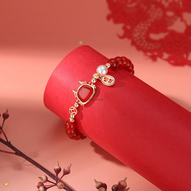 Luck Muse 925 Sterling Silver Dragon Year Natural Red Agate Hetian Jade Fortune Success Bracelet - Image 3