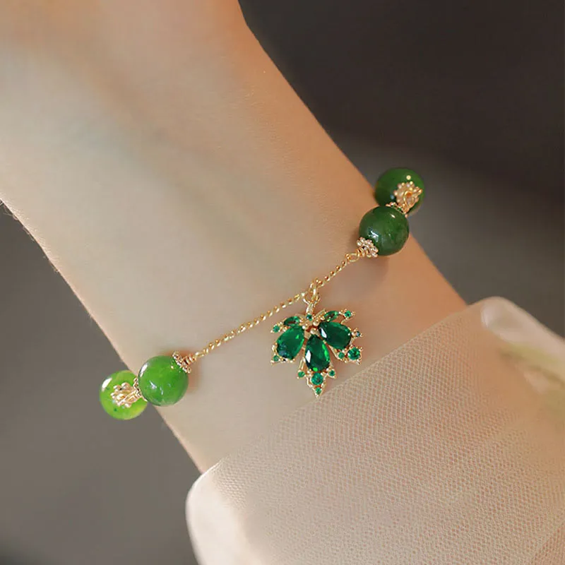 Maple Leaf Green Chalcedony Courage & Strength Bracelet with 14k Gold Plating by Luck Muse Shop