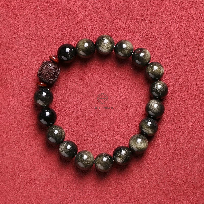 Natural Gold Sheen Obsidian Rainbow Obsidian Om Mani Padme Hum Healing Bracelet - Image 15