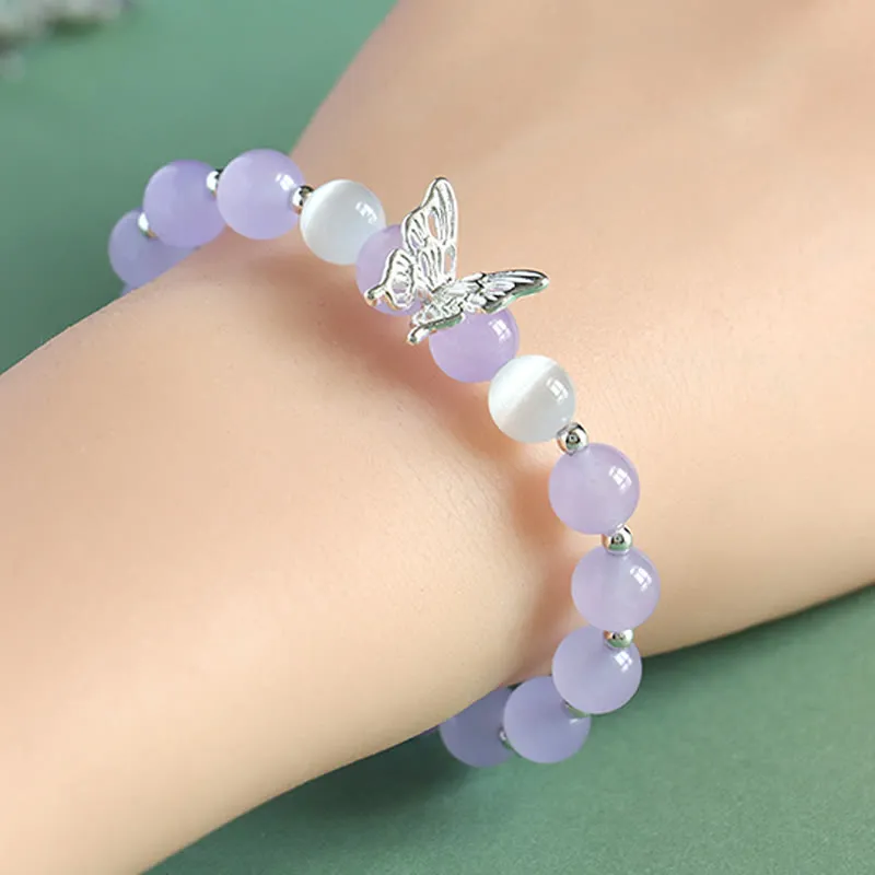 Blue Chalcedony and Pink Crystal Butterfly Energy Bracelet with Luck Muse - Image 9