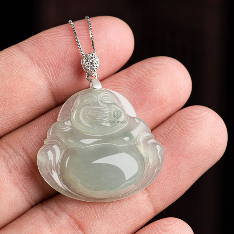 Luck Muse Laughing Buddha 925 Sterling Silver Jade Necklace Pendant for Prosperity and Abundance - Image 8