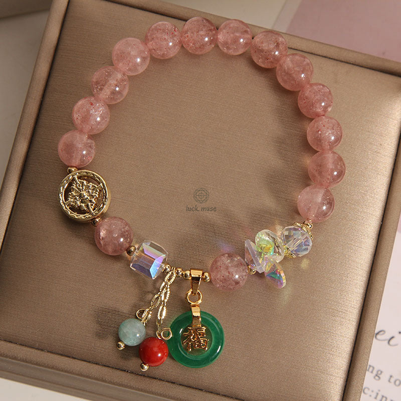 Luck Muse Strawberry Quartz and Jade Fu Character Charm Bracelet for Healing - Image 3