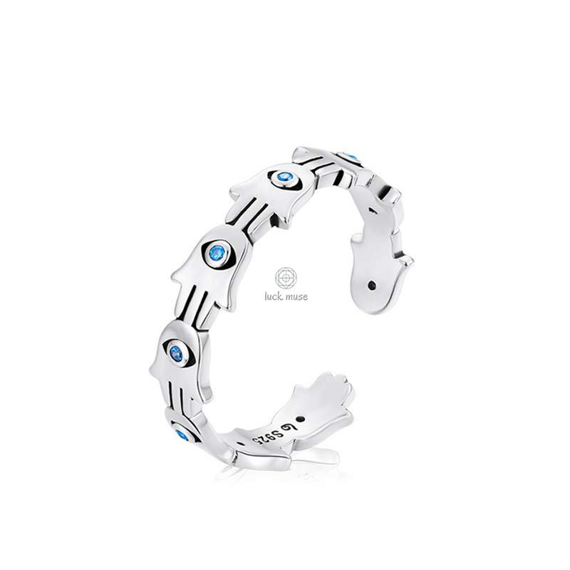 Luck Muse 925 Silver Hamsa Zircon Ring - Adjustable - Image 8