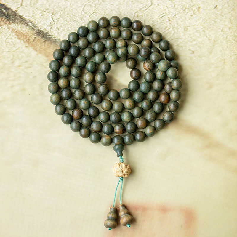 Luck Muse 108 Mala Beads Bracelet with Green Sandalwood Boxwood Lotus Design - Image 9