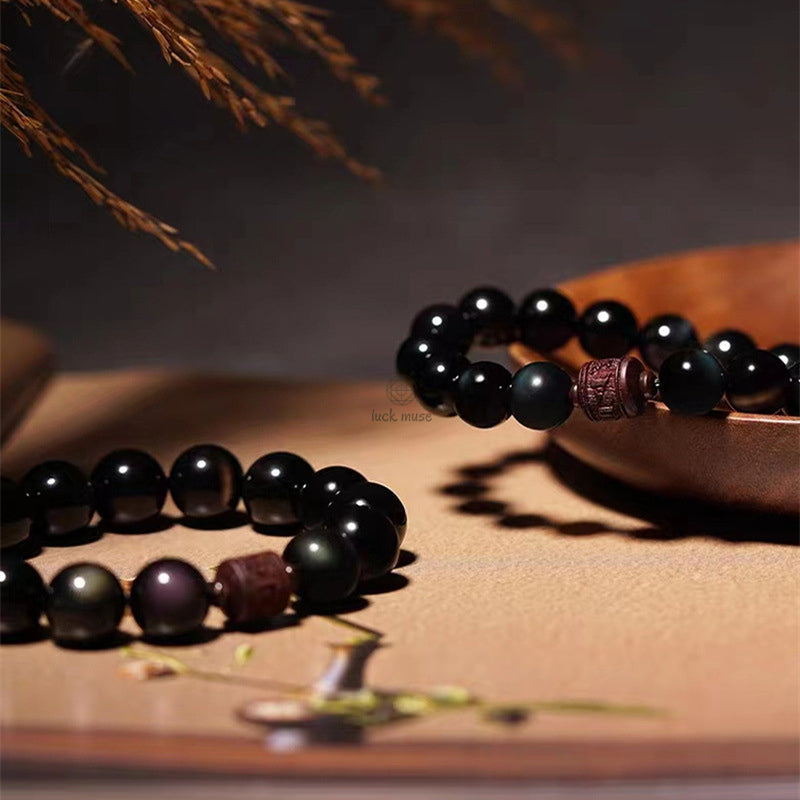 Natural Gold Sheen Obsidian Rainbow Obsidian Om Mani Padme Hum Healing Bracelet - Image 35